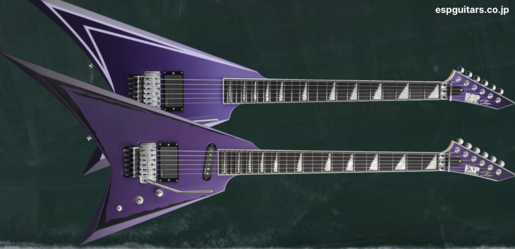 ESP Alexi Laiho Hexed and Ripped signature guitars, the Ripped being the first Alexi model with a neck pickup