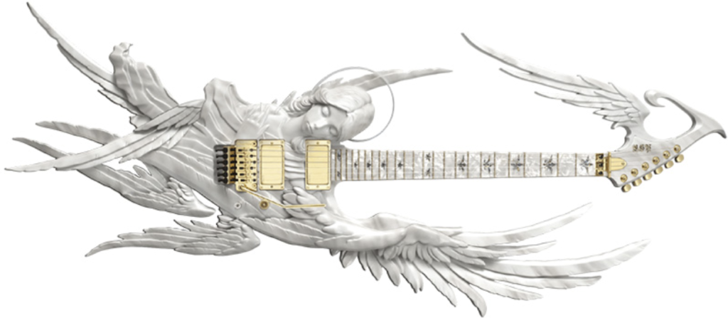 Toshihiko Takamizawa's carved ESP Angel Guitar with sculpted wing design, an art-piece custom for THE ALFEE