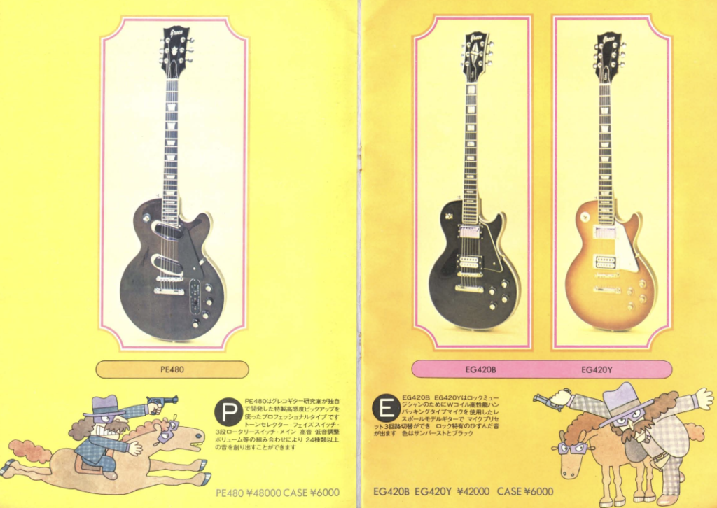 1972 Greco guitar catalog page showing Fujigen-built Japanese electric guitars