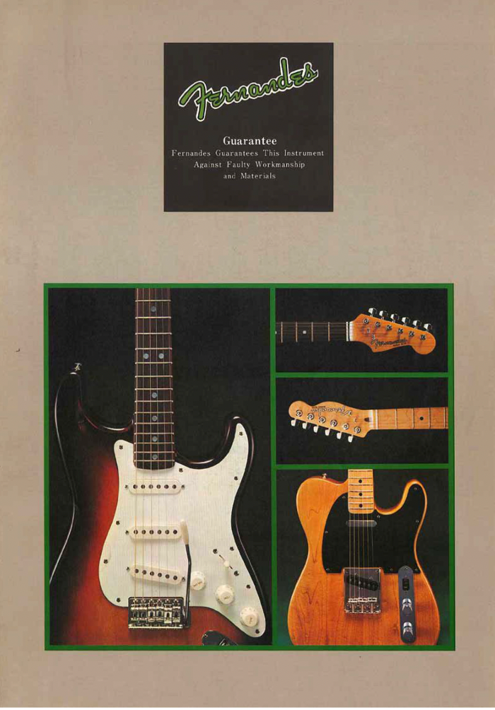 Early 1970s Fernandes catalog page showing Stratocaster-style copies