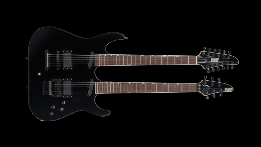 James Hetfield's ESP Horizon double-neck, the Fire Accident guitar from the 1992 Montreal show
