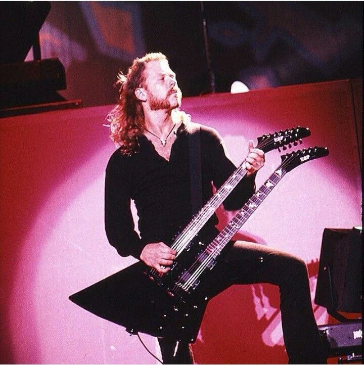 James Hetfield playing his ESP MX-250 12-string/6-string double-neck guitar