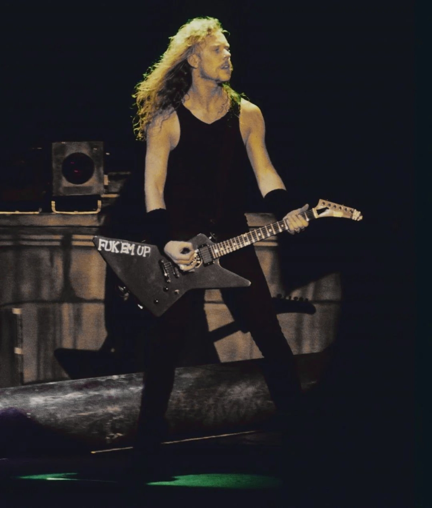 James Hetfield's black ESP MX-220 Fuk Em Up Explorer guitar