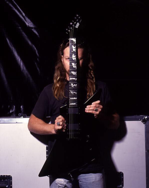 James Hetfield's ESP MX-250 Of Wolf and Man Explorer with custom wolf inlays