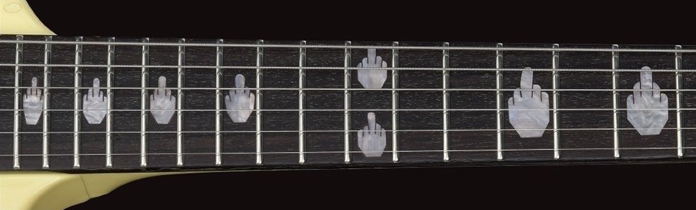 Rosewood fretboard of James Hetfield's ESP EET FUK MX-220 with custom middle-finger inlays