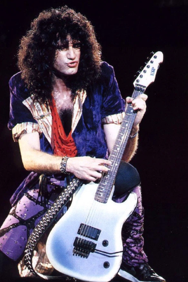 Bruce Kulick of KISS with his Flip-Flop Blue ESP M-1 electric guitar