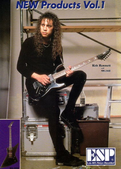 ESP Kirk Hammett KH-2 signature guitar with skull-and-crossbones inlays in an ESP catalog