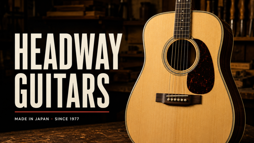 Headway Guitars thumbnail with a natural-top dreadnought acoustic in a Japanese workshop, captioned Made in Japan Since 1977
