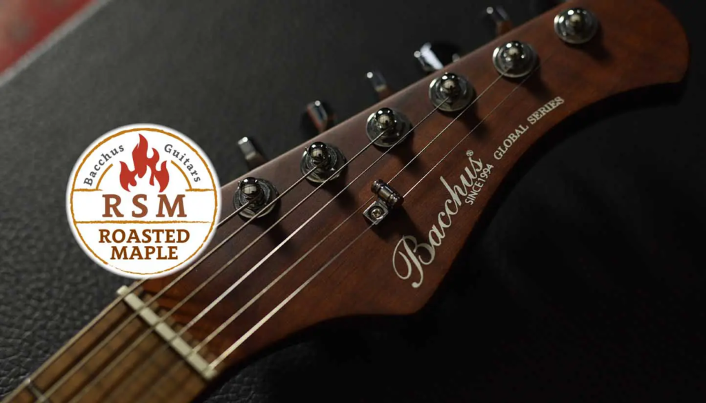Close-up of a Bacchus Global Series roasted-maple neck headstock with the RSM Roasted Maple badge