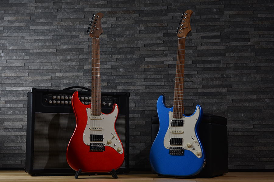 Red and blue Bacchus Strat-type electric guitars, Deviser's value electric and bass brand