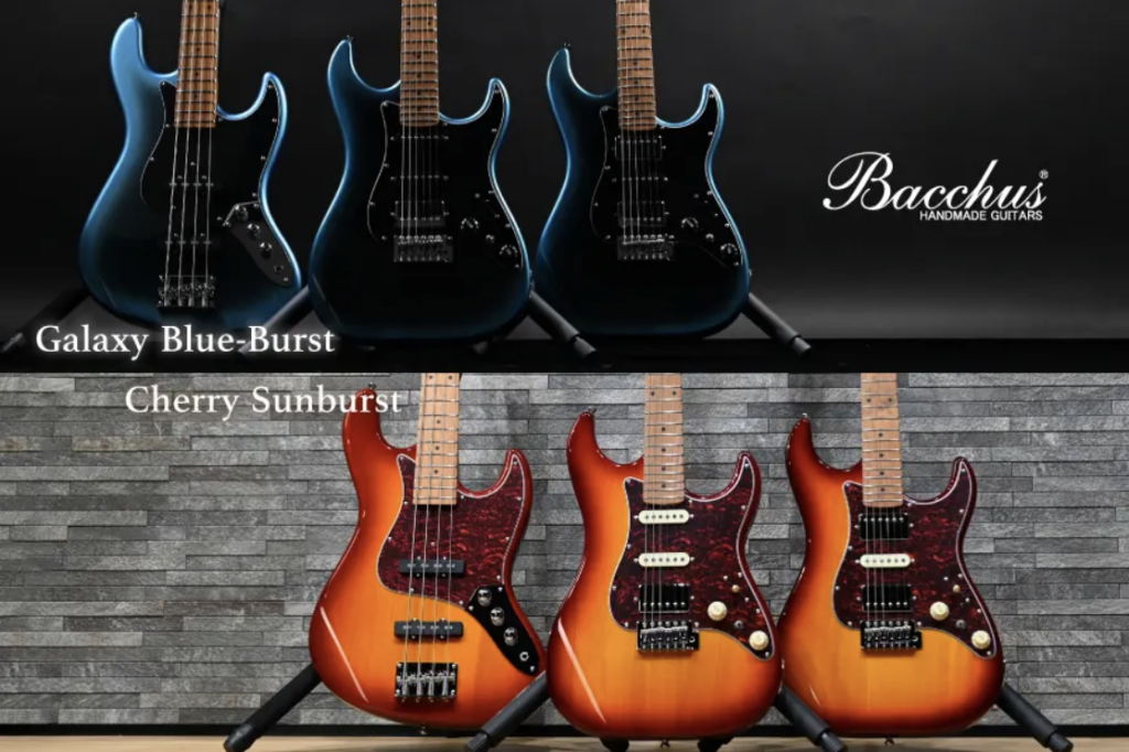 Bacchus guitars in signature Galaxy Blue-Burst and Cherry Sunburst finishes, across guitars and a bass