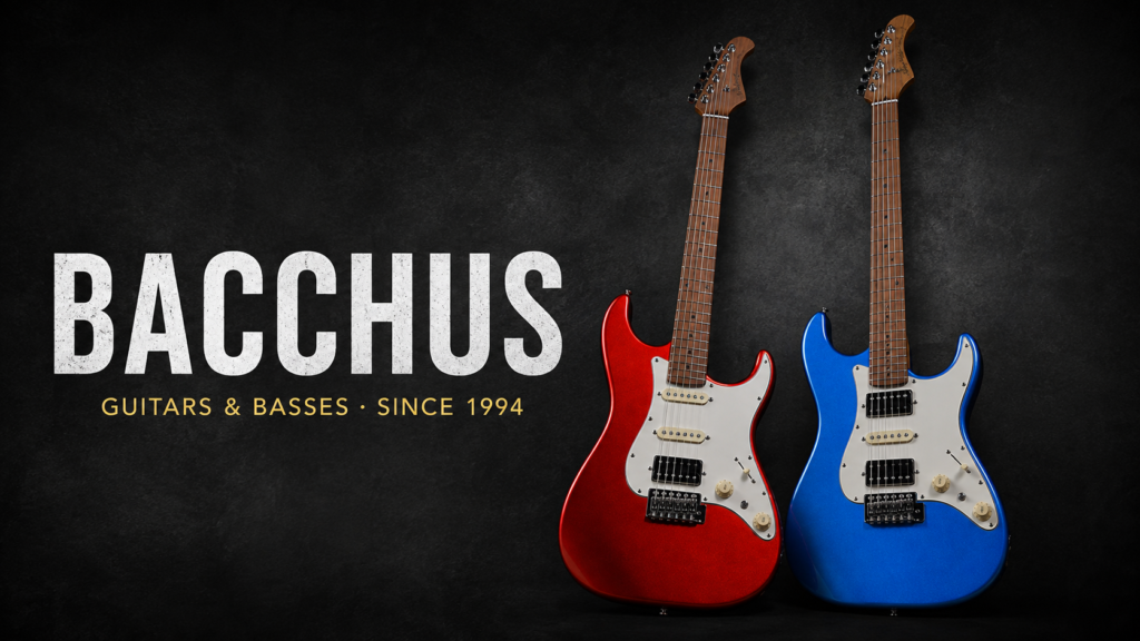 Bacchus Guitars thumbnail with red and blue Strat-type electrics on a dark background, captioned Guitars & Basses Since 1994