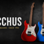 Bacchus Guitars thumbnail with red and blue Strat-type electrics on a dark background, captioned Guitars & Basses Since 1994