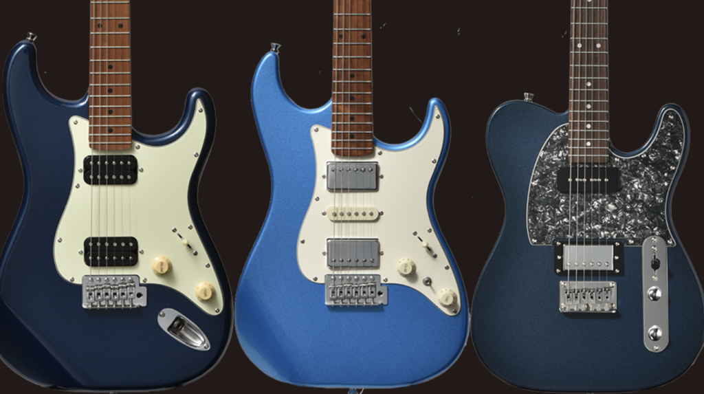 Three Bacchus guitars showing HH, HSH and P-90/humbucker pickup layouts on roasted-maple necks