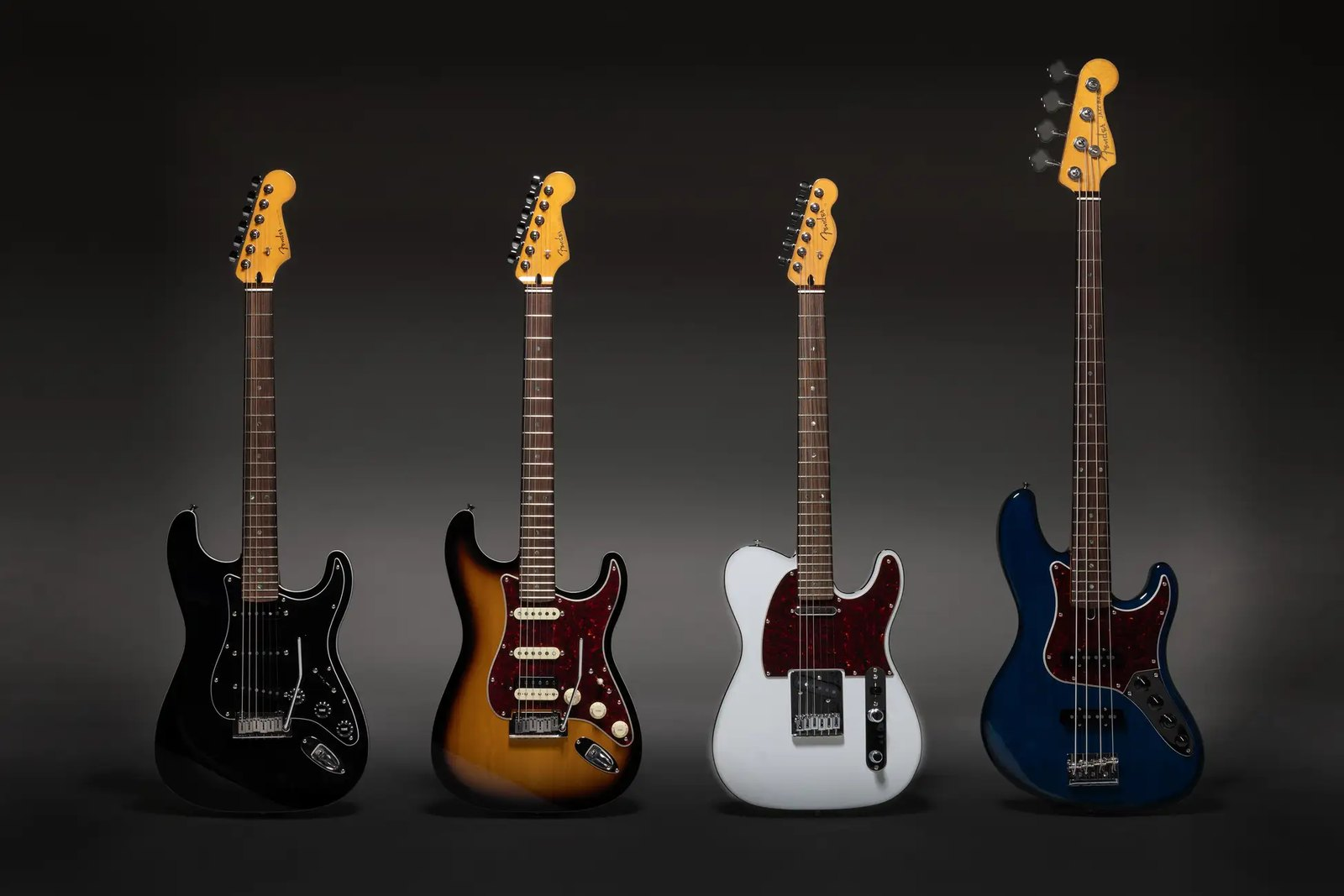 Fender Active Modern series: Stratocaster in Black, Stratocaster HSS in 2-Color Sunburst, Telecaster, and Jazz Bass, all Made in Japan Limited