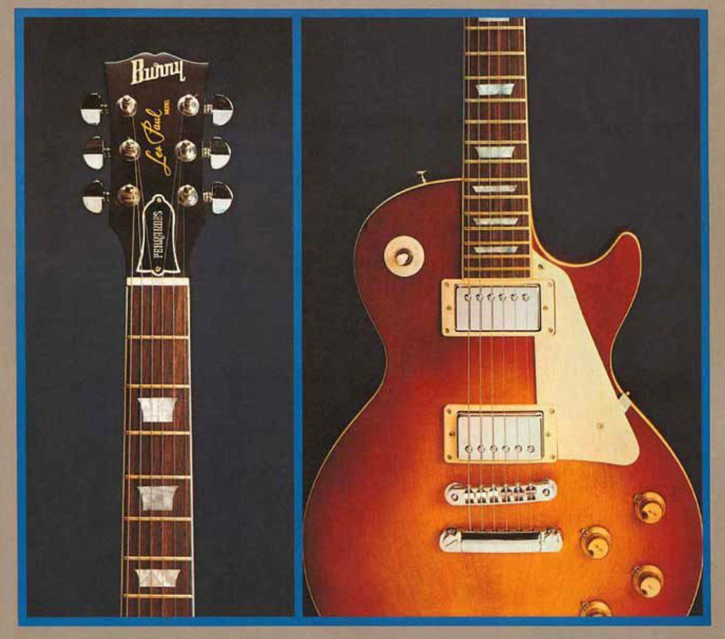 Early Burny headstock with Les Paul Model script and Fernandes truss rod cover, 1977 catalog