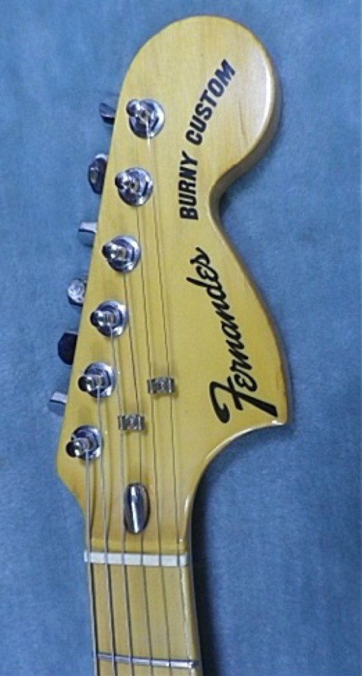 Fernandes vs Burny: 1970s Fernandes Strat headstock with Burny Custom logo