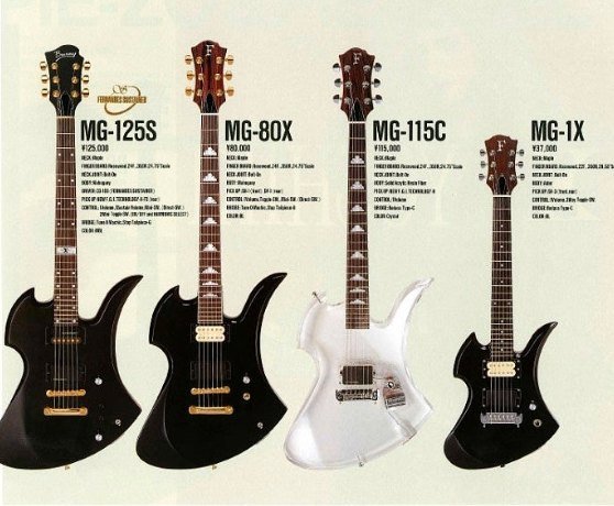 Fernandes and Burny MG hide models in a catalog: MG-125S, MG-80X, MG-115C acrylic and MG-1X