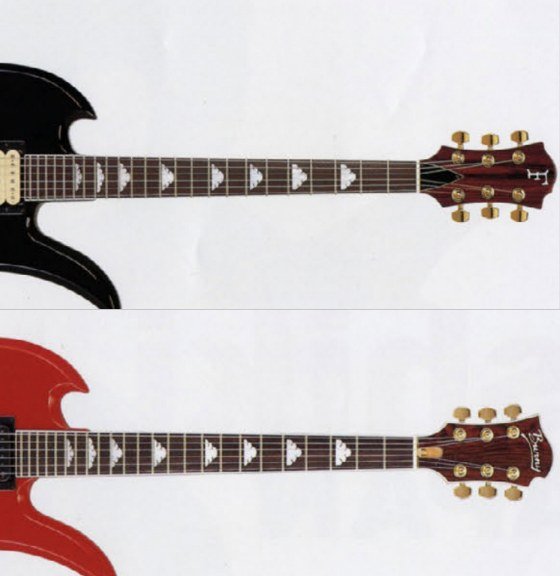 Same Mockingbird shape with a Fernandes logo (top) and a Burny logo (bottom)