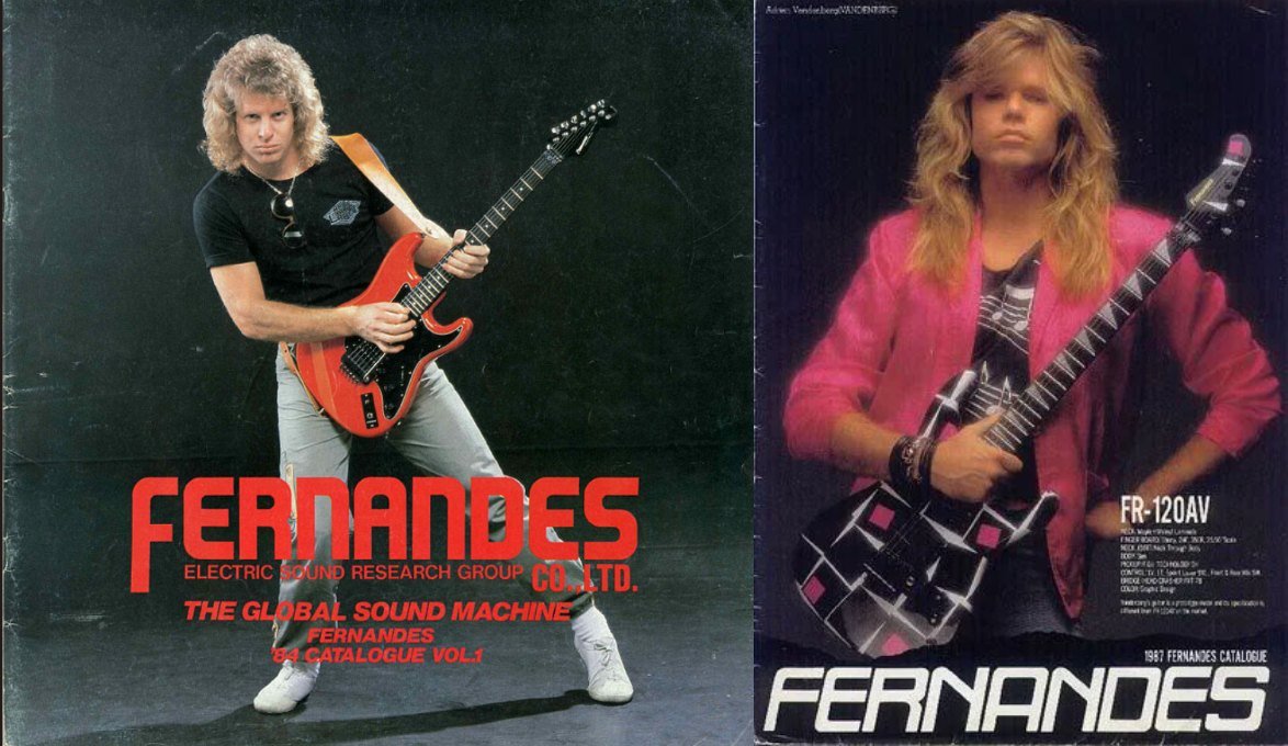 Brad Gillis on the 1984 Fernandes catalogue and Adrian Vandenberg with the FR-120AV in the 1987 catalogue