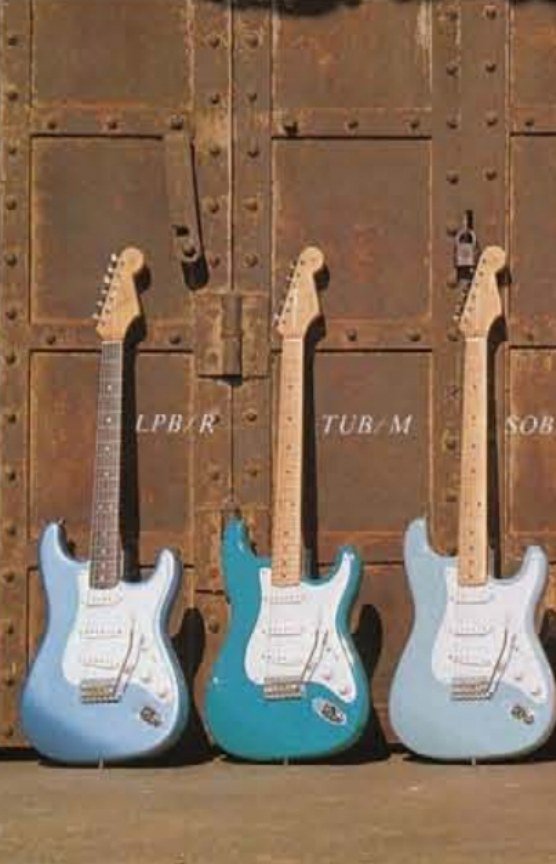 Fernandes Strat-style guitars in blue finishes LPB, TUB and SOB in a catalog