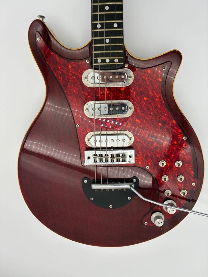 Greco BM900 body close-up showing three PU-90 pickups, toggle switches and red tortoiseshell pickguard