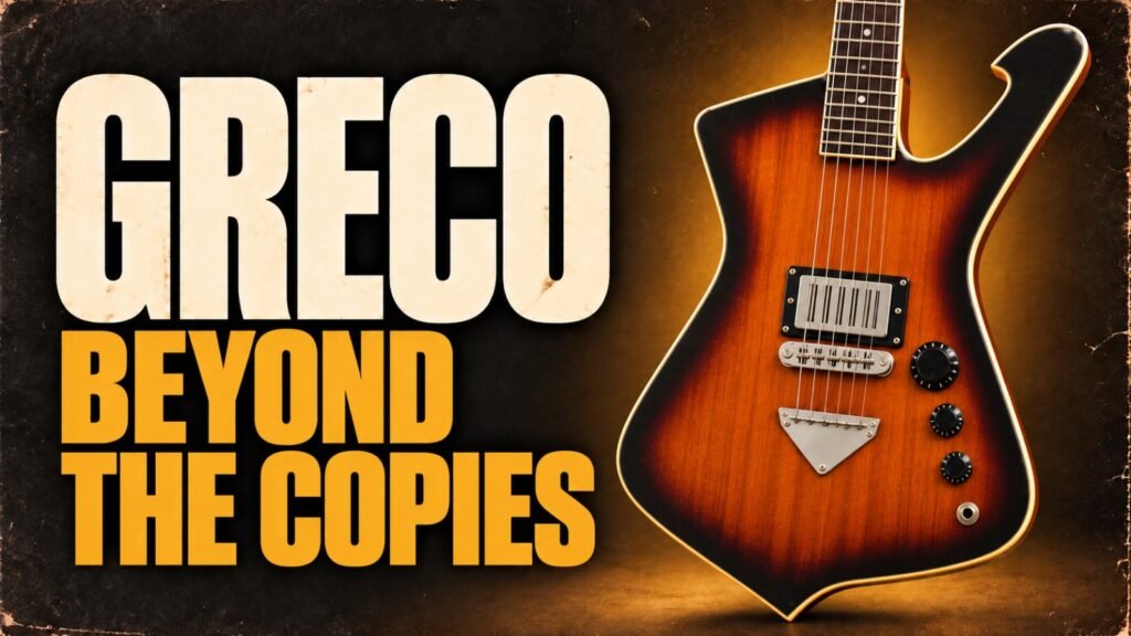 Greco original models: Mirage-style guitar with Greco Beyond the Copies title