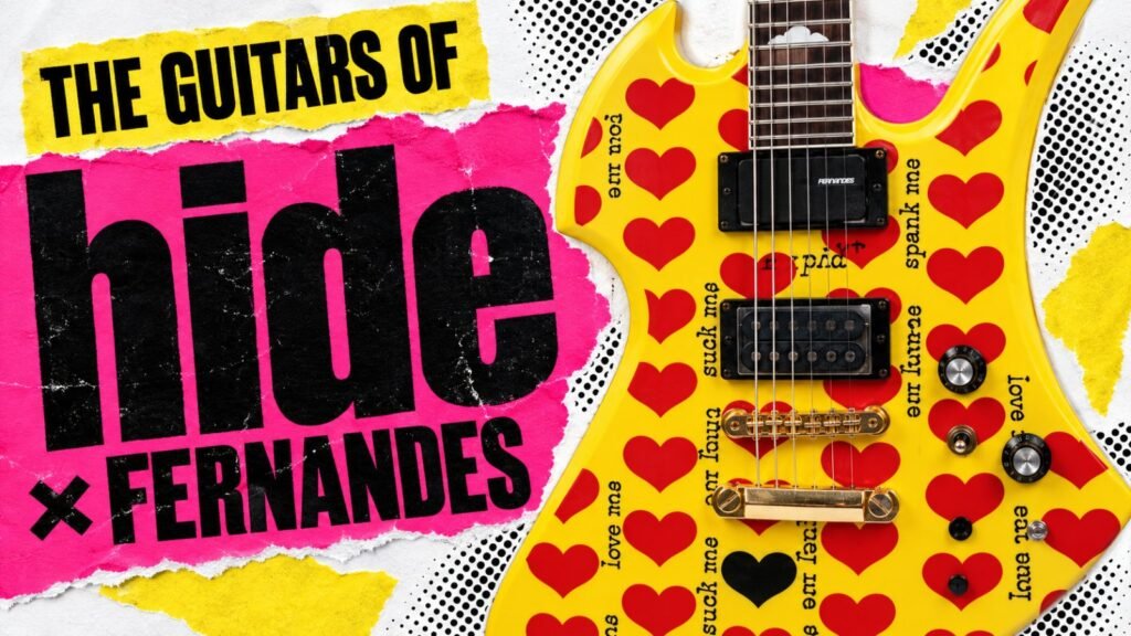 The guitars of hide x Fernandes: yellow Mockingbird with red hearts