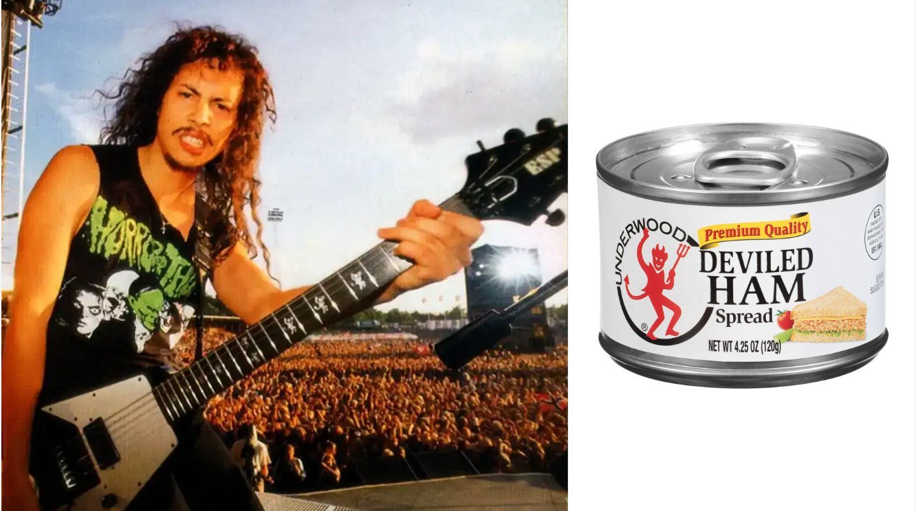 Kirk Hammett ESP V with devil inlays and Deviled Ham can