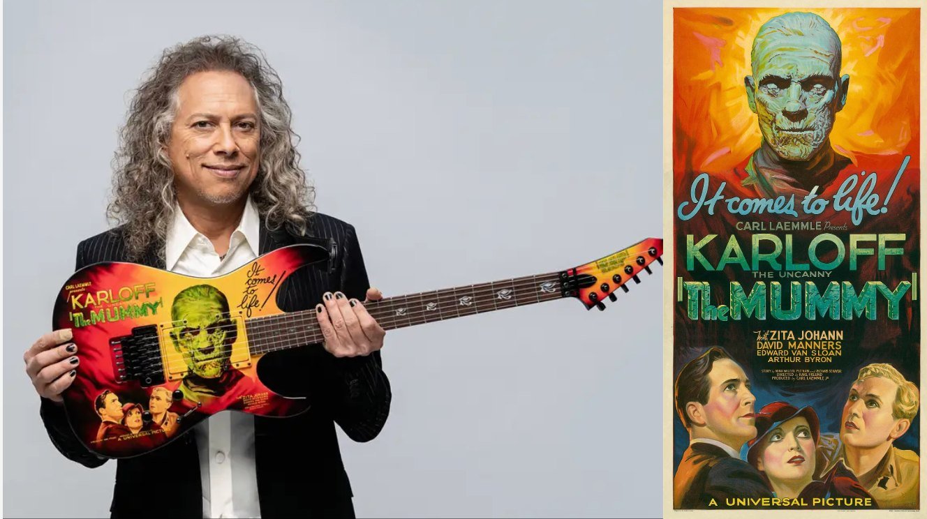 Kirk Hammett with The Mummy ESP guitar and the 1932 film poster